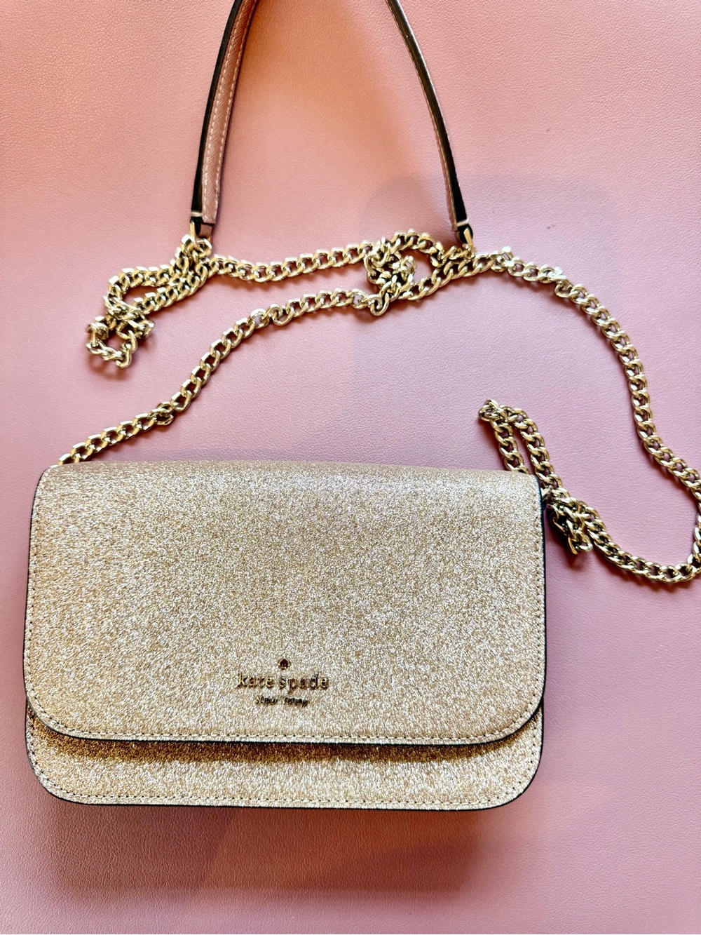 Kate Spade rose gold glitter crossbody with chain strap